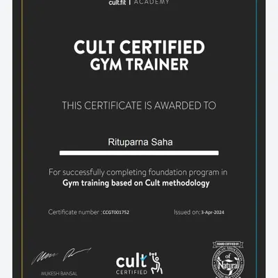 I am a proud Cult Certified Gym Trainer. This certification reflects my training in the latest fitness methodologies and my commitment to providing safe, effective, and high-quality personal training.