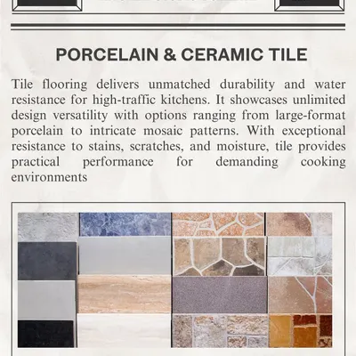 An overview of porcelain and ceramic tile options for flooring. These materials are incredibly durable and water-resistant, making them a practical choice for high-traffic kitchens.