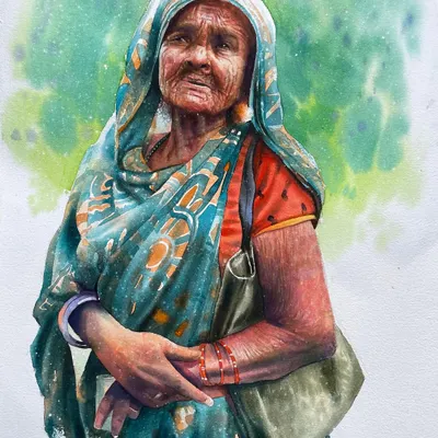 This watercolor portrait, titled 'Yadon ka Thaila' (A Bag of Memories), aims to capture a lifetime of stories in a single expression. I use layers of transparent color to build depth and character, creating an emotional gift painting.