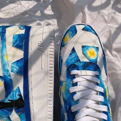 A close-up of the toe box of the "Starry Night" custom Nike AF1s. I paid close attention to replicating Van Gogh's unique, thick brushstrokes to give the design texture and movement.