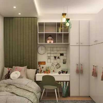 This compact room design features a cozy bed nook with an upholstered headboard and a dedicated study corner. The desk, chair, and organizational grid are perfectly sized to create a functional workspace without overwhelming the room.