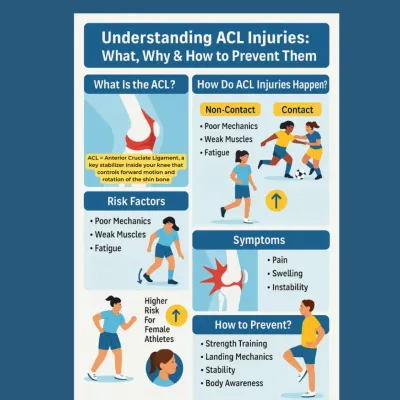 ACL injuries are one of the most feared issues in sports, but they are often preventable. This infographic breaks down what the ACL is, how injuries happen (both contact and non-contact), the key symptoms to watch for, and how strength training and body awareness can protect your knees.