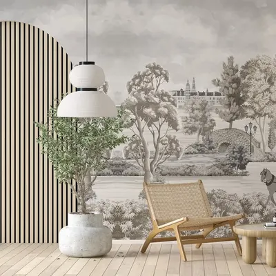 A classic Toile de Jouy mural from our Parisian Tales collection, depicting a scenic park view. This monochrome design, paired with modern furniture, creates a beautiful blend of classic and contemporary styles.