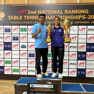 A picture of pure success. Here is our star player Naisha Rewaskar with her mentor Ravindra Kotiyan after a fantastic performance at the 2nd National Ranking Table Tennis Championships in New Delhi. Her two trophies represent wins in multiple categories, a result of our focused table tennis training program.