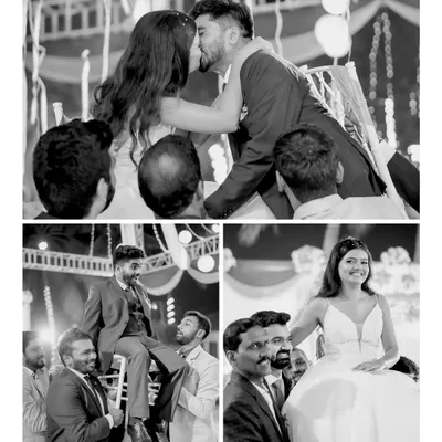 A black and white collage of the Hora, a traditional celebratory dance. The images capture the joy and energy of this reception moment with family and friends.