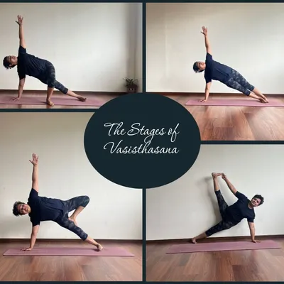 The journey in yoga is a process, not a single event. This collage shows the stages of Vasisthasana (Side Plank), reflecting years of steady practice. Our training focuses on this principle of gradual progression, building the mental resilience and physical strength needed to grow safely in your practice.