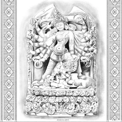 A hand-illustrated artwork depicting an Indian sculpture of the goddess Durga. The design captures the intricate details of the deity's form, jewelry, and floral motifs, framed by a traditional border.
