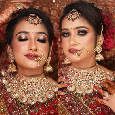 A close-up of a magnificent royal bridal look, showcasing intricate jewelry and flawless makeup with a focus on dramatic eyes and perfectly blended skin. This is the level of detail and perfection I teach in my advanced bridal course.