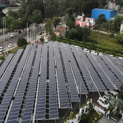 An aerial view of our solar carport installation for Fortis Hospital. This project demonstrates a smart use of space, generating clean power while providing shaded parking for vehicles, adding value beyond just energy production.