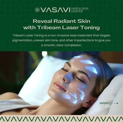 This image shows a patient undergoing a non-invasive Tribeam Laser Toning treatment. The projected light pattern indicates how the laser energy is delivered across the skin to target pigmentation and stimulate collagen without damaging the surface.