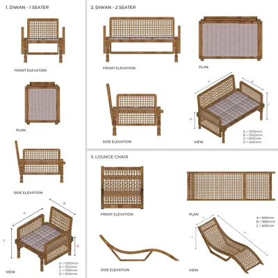 These technical drawings show a modular furniture system designed using Lantana. My exploration focused on using the material's inherent structural potential to create items like diwans and lounge chairs, moving beyond its use as a simple veneer.