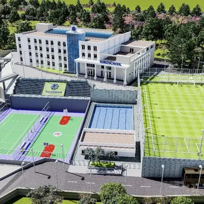 A comprehensive 3D proposal for the EuroSchool campus, illustrating our expertise in institutional master planning. The layout strategically places sports facilities like a football pitch and swimming pool alongside the main academic building.