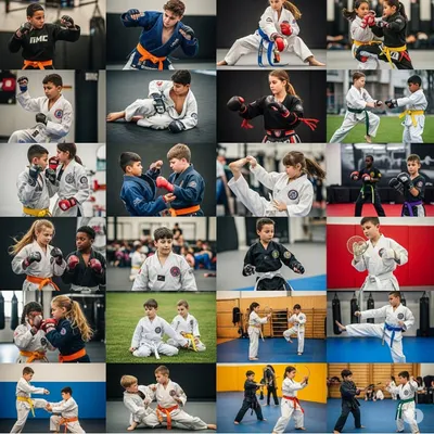 A collage showing the diversity of my kids' martial arts program. We teach them everything from Karate stances to MMA grappling in a safe and disciplined environment.