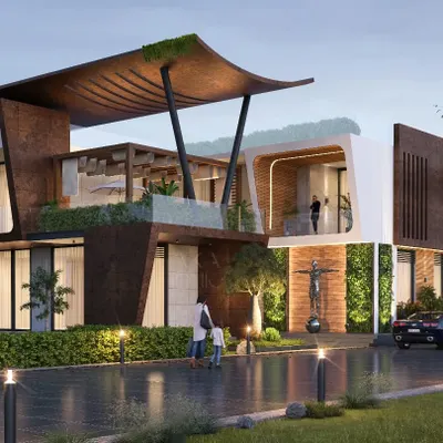 I designed this farmhouse in Gadipur as a response to the need for healthier living environments. The structure features a unique, wing-like roof and extensive use of glass and open terraces, creating a modern home that is deeply connected to nature and fresh air.