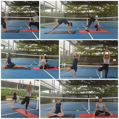 A collage of our athletes practicing various yoga poses on the court. We incorporate yoga into our training regimen to improve flexibility, balance, and mental focus.