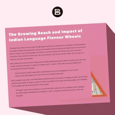 A screenshot of an article from an international blog, hopeespresso.co.uk, mentioning our work with Indian language flavor wheels. It's great to see our mission getting recognition.