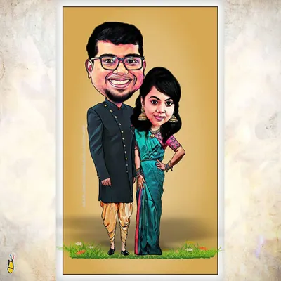 A beautiful couple caricature featuring traditional Indian wedding attire. The groom is in a stylish sherwani and dhoti, and the bride is in a gorgeous green saree. Perfect for a wedding gift.