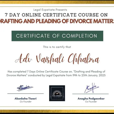 This certificate marks the completion of a specialized course on drafting and pleading in divorce matters. This training enhances my ability to prepare precise and effective legal documents for my clients in family court.