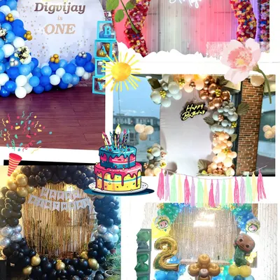 This collage showcases the variety of party decorations we offer. You can see a first birthday setup with a blue and white balloon arch, a 'Better Together' neon sign for a couple's party, and other colorful, themed backdrops perfect for any celebration.