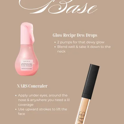 To create a dewy base for a soft glam look, I start with glow-boosting drops and use a creamy concealer with upward strokes to lift the face. This is a foundational technique for a radiant finish.