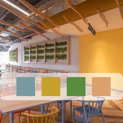 The color palette for the Gogo Google Café was chosen to create an uplifting and energetic atmosphere. This combination of blue, yellow, green, and tan reflects the vibrant and collaborative nature of the space.