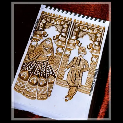 This practice design showcases a royal bride and groom, each on a separate panel, framed by traditional Indian arches. I focused on the intricate details of their attire and the delicate lotus and paisley motifs that complete the regal theme.