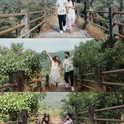 A fun and energetic series from a Goa pre-wedding shoot. From joyful jumps to romantic walks on a rustic bridge surrounded by greenery, these photos capture the playful and adventurous spirit of the couple.