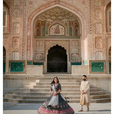 A stunning wide shot of Amandip in her twirling lehenga against the grand facade of Amer Fort. We love using the scale of Jaipur's architecture to make our couples' pre-wedding photos look truly epic.