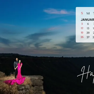 A stunning save the date announcement using a dramatic landscape photo from a pre-wedding shoot. The calendar graphic clearly marks the special day, making it both beautiful and functional.