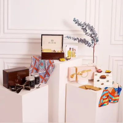 This is our exclusive Father's Day hamper, created in collaboration with Khoya. It pairs our elegant accessories with artisanal Indian sweets for a gift that delights multiple senses.