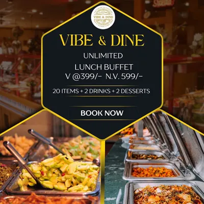 "Pet bhar ke khaana" is my promise. This graphic showcases our unlimited lunch buffet offer, featuring a wide spread of over 20 vegetarian and non-vegetarian dishes, drinks, and desserts.