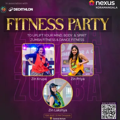 An event poster for a 'Fitness Party' in association with Decathlon. These events are all about bringing people together for an electrifying session of Zumba and Dance Fitness.