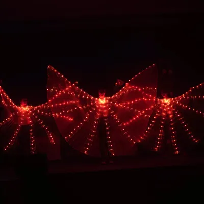 Our LED butterfly wing dancers create a mesmerizing spectacle. Here, three performers are seen in stunning red illuminated wings.