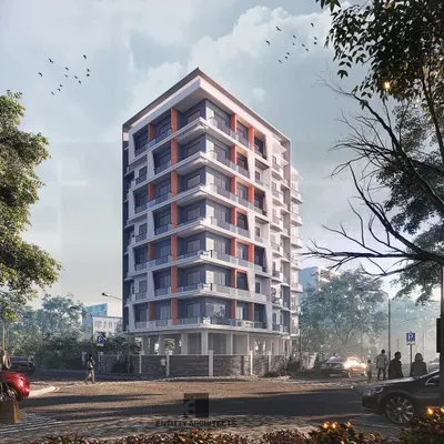 This render shows an upcoming Stilt+7 residential project in Panvel on a 499 sq. mt. plot. The facade features a clean, minimalist design with recessed balconies, providing a sophisticated and modern housing solution.