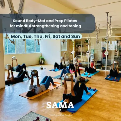 A snapshot from our Sound Body Mat and Prop Pilates class. Here, members use stability balls to engage their core and improve balance, demonstrating a low-impact yet effective strengthening exercise.