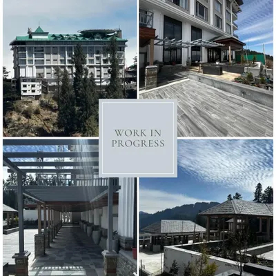 Work in progress at the ITC Narkanda site. This collage shows the building's exterior taking shape, along with the development of outdoor walkways and landscaping, promising a future blend of luxury and nature.