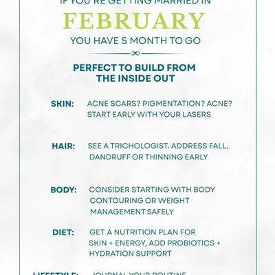 If your wedding is five months away, it's the perfect time to start building your skin's health from the inside out. This is when I recommend starting laser treatments for concerns like acne scars or pigmentation to allow ample time for the best results.