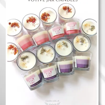 A collage of my versatile votive jar candles, showing layered ombre designs and botanical toppings like rose petals and lavender.