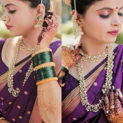 Our beautiful customer radiates grace in our stunning Maharashtrian necklace set and matching karnaful. The right jewellery doesn't just accessorize, it amplifies your beauty.