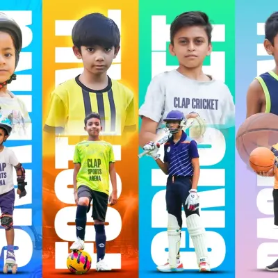 Skate, Kick, Hit, Shoot. This graphic represents the four pillars of our academy, showcasing the variety of sports we offer, from skating and football to cricket and basketball.