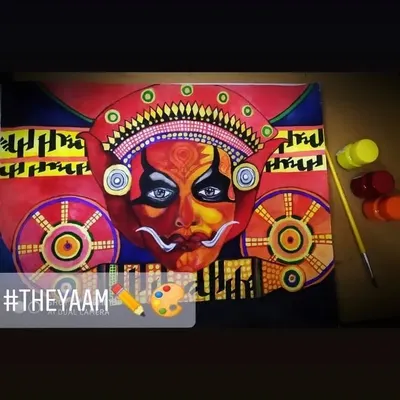 I've captured the divine energy of Theyyam, a ritual performance art from Kerala. This painting highlights the performer's transformation into a deity, focusing on the elaborate headgear, intense expression, and the rich red and yellow pigments characteristic of this sacred tradition.