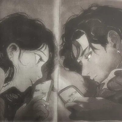 This is the complete composition in a monochrome, sketch-like finish. It captures the raw emotion of the scene, focusing on the characters' expressions and the feeling of distance despite being connected by their phones.