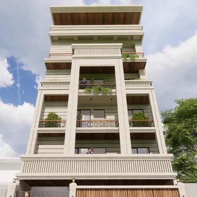 A classic facade design featuring vertical double-height massing. The central framed element draws the eye upward, while the earthy tones and wood-paneled ceilings add warmth and elegance.