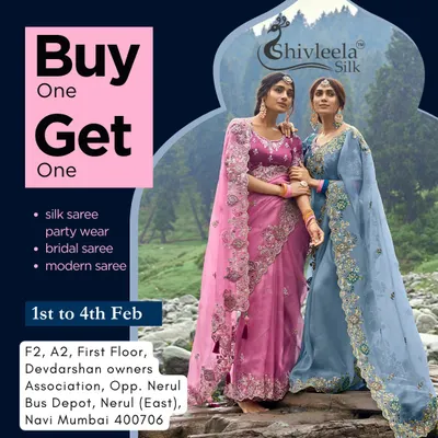 Two models display my modern party wear collection. The pink saree has a heavy floral embroidered border, while the slate blue one features delicate buti work, showing the variety available for your next event.