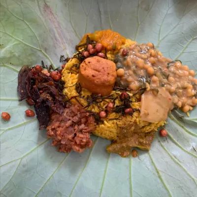 My delightful Khechri, served on a lotus leaf to bring you the authentic flavors of Manipur's Kang festival.