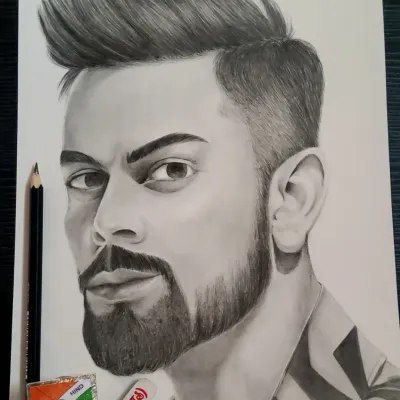 A detailed graphite portrait of cricketer Virat Kohli, drawn on 200gsm paper. I focus on achieving a realistic likeness and capturing the subject's personality through their expression.