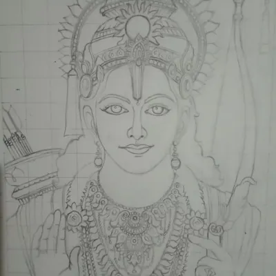 This is the initial line art for my drawing of Lord Rama. I use a grid system for complex pieces like this to ensure every intricate detail of the jewelry and features is perfectly proportioned.