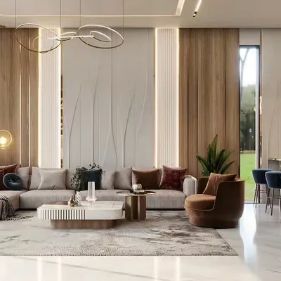A luxurious and spacious living room featuring a large sectional sofa, elegant wood and textured wall panels, and sophisticated lighting. The open layout connects seamlessly to a bar area, making it ideal for hosting guests.