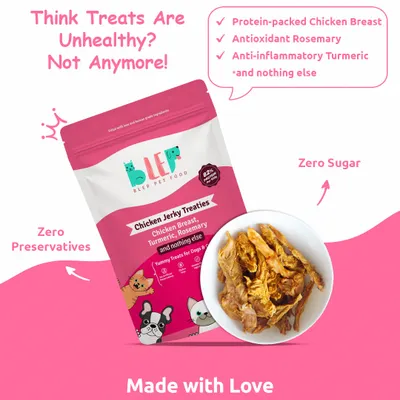 Who says treats can't be healthy? Our Chicken Jerky Treats have just three ingredients: protein-packed chicken breast, antioxidant-rich rosemary, and anti-inflammatory turmeric. That's it. No sugar, no preservatives, just pure goodness.