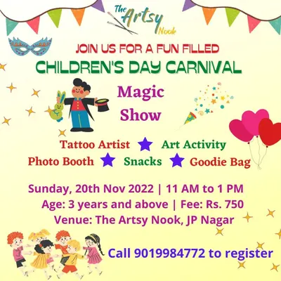 Get ready for fun! This poster was for our Children's Day Carnival, which was packed with activities like a magic show, tattoo artist, and of course, art! We love putting together these big, exciting events for the kids.